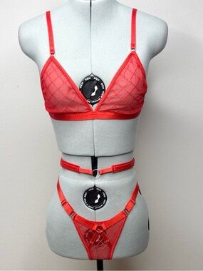 NWT Red Sheer Mesh Lingerie Set 3 PC Harness S